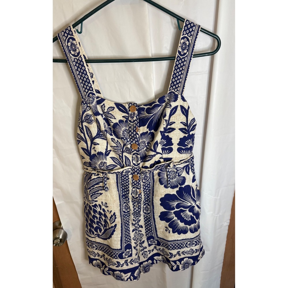 FARM Rio Blue Pineapple Garden Linen Romper XS Blue White Floral NO BELT